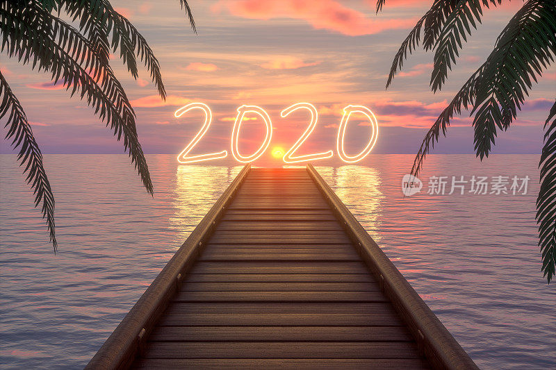 2020年新年，海上木桥码头，日落