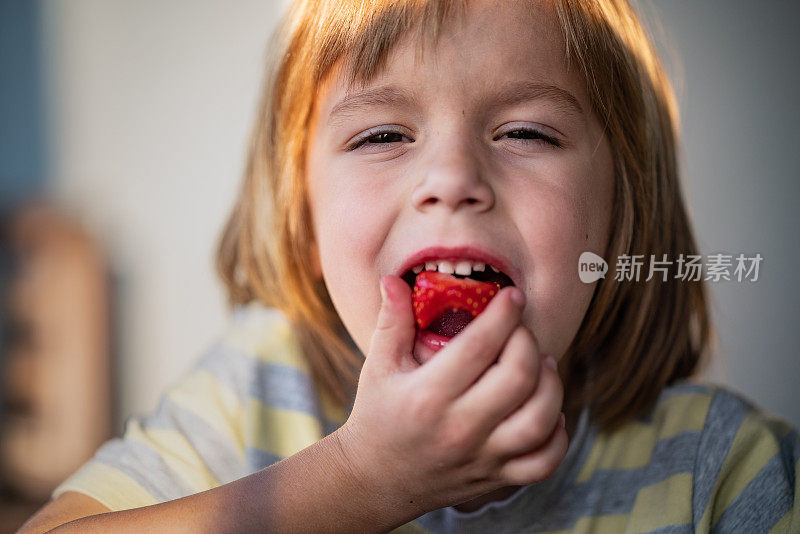特写可爱的小男孩吃草莓