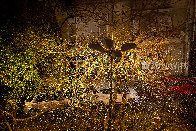 下雪的夜晚，街灯的景色