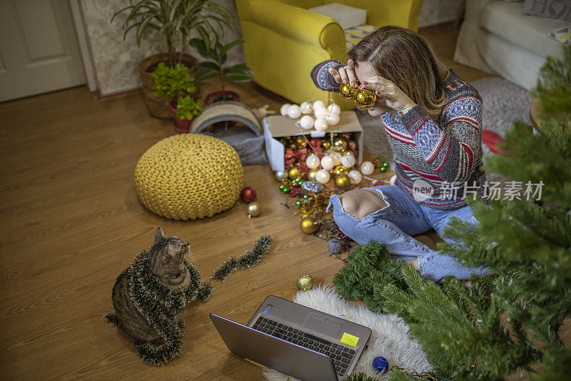 女人用圣诞装饰取悦她的猫