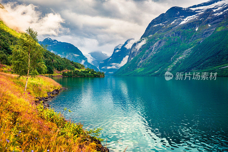 夏日阳光明媚的洛瓦内特湖，斯特林市，松格峡湾县，挪威。挪威多彩的早晨景色。自然美的概念背景。