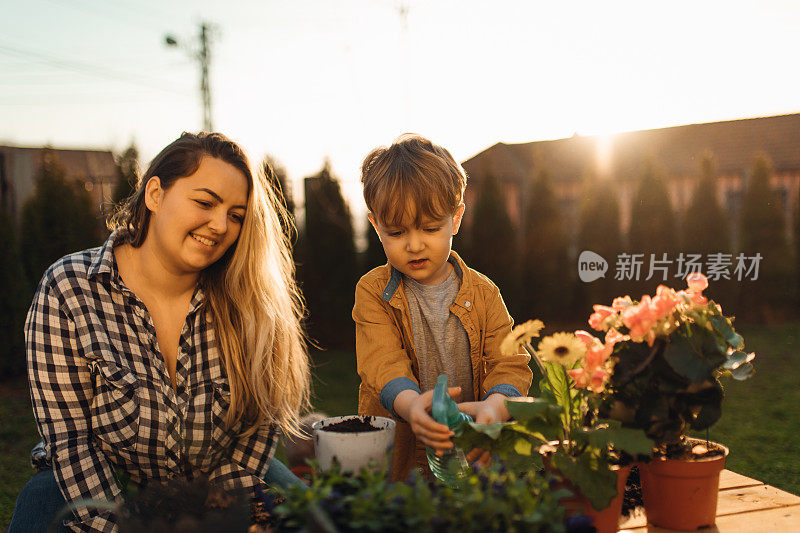 年轻的母亲和她的孩子们一起在花园里种花