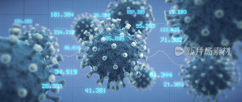 模糊的蓝色冠状病毒细胞与数字和图形背景混在一起