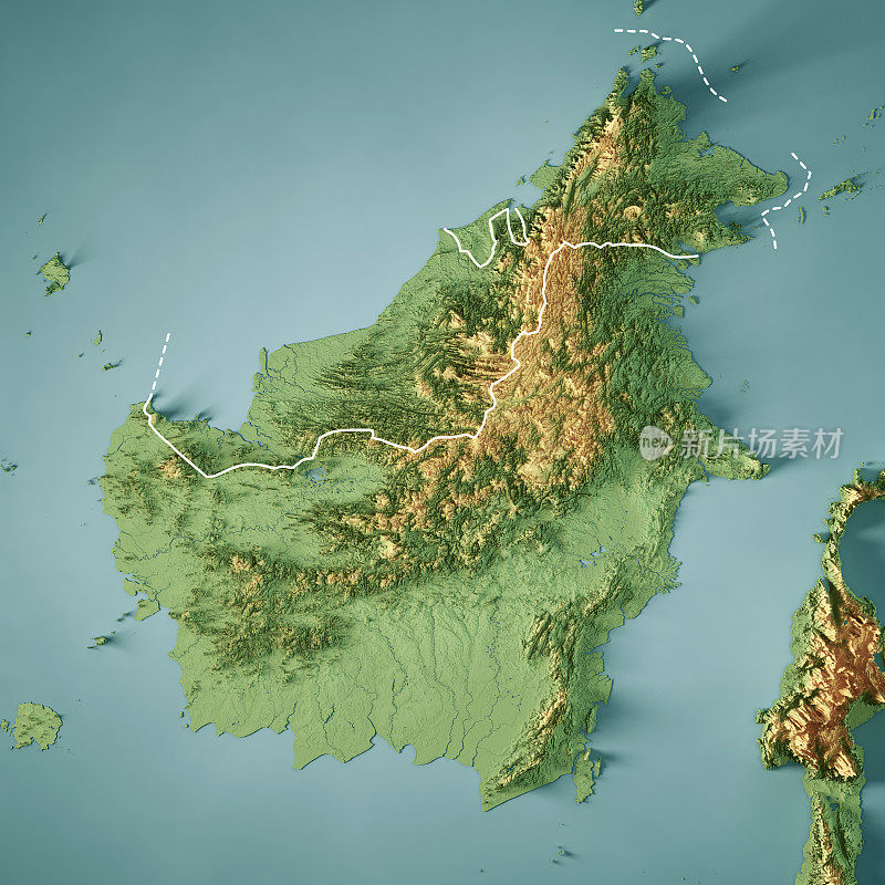 婆罗洲3D渲染地形图颜色边界