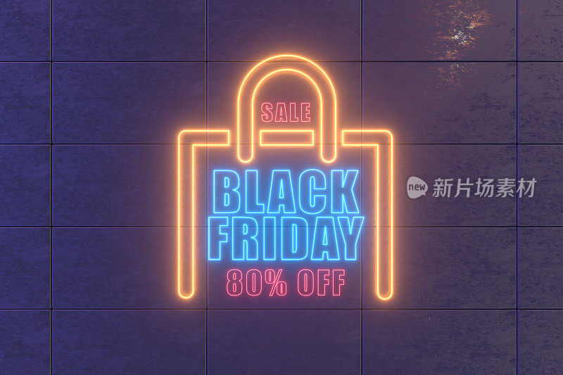 黑色星期五80%折扣，购物袋，黑色方块墙上的霓虹灯标志