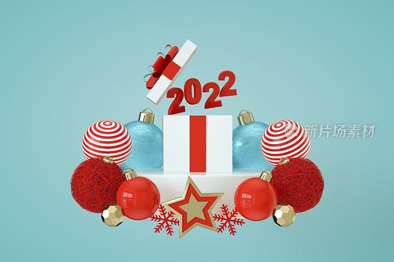 2022年礼品盒，圣诞新年饰品，白色讲台，3d抽象蓝色背景