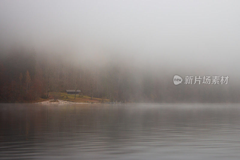 德国肯尼格湖上的雾。雾中的河岸上的旧木屋。雾在河岸上。德国的风景。秋景在欧洲贝希特斯加登国家公园。湖面上的雾天。