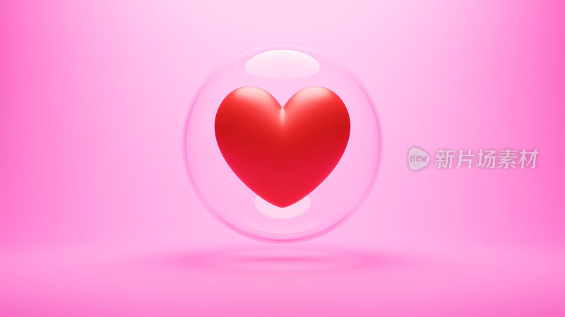 水晶球周围一个红色的心在粉红色的背景。爱隔离、珍重、唯一性的观念。