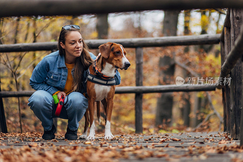 散步后，站在门廊上休息时，一位女士抱着她的猎犬