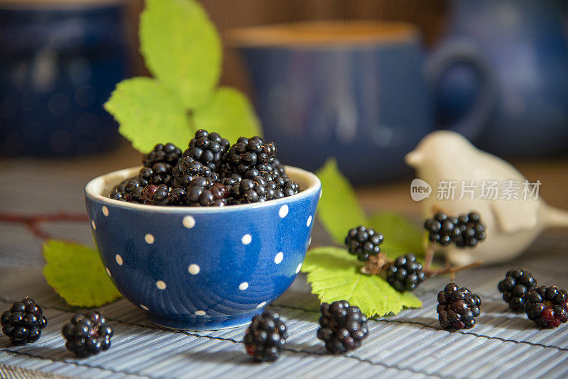 蓝陶瓷装饰的黑莓碗