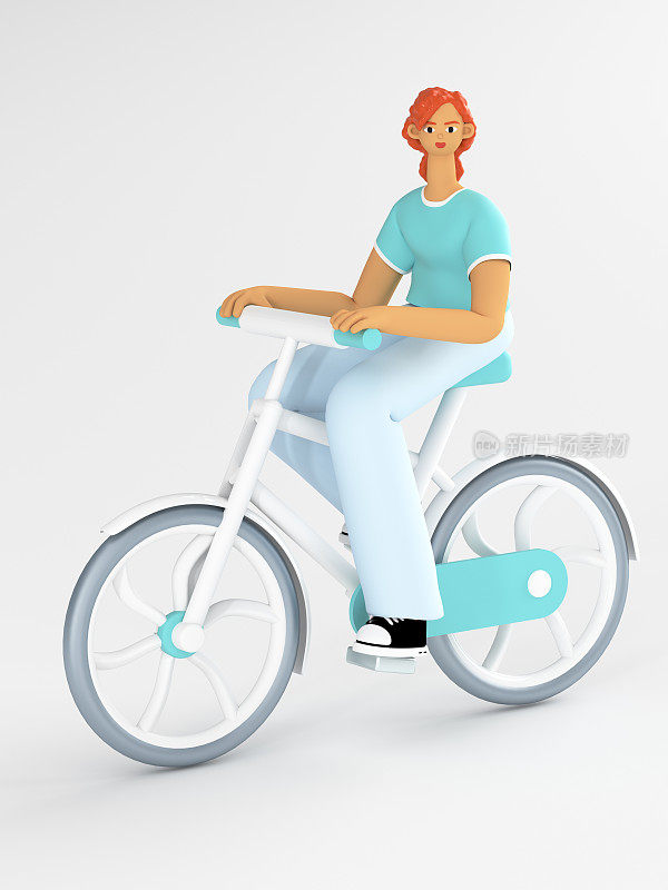 一个小女孩骑自行车。我过着健康积极的生活方式。环保交通，休闲和积极娱乐。一个女性角色骑自行车旅行。插图的3d渲染。