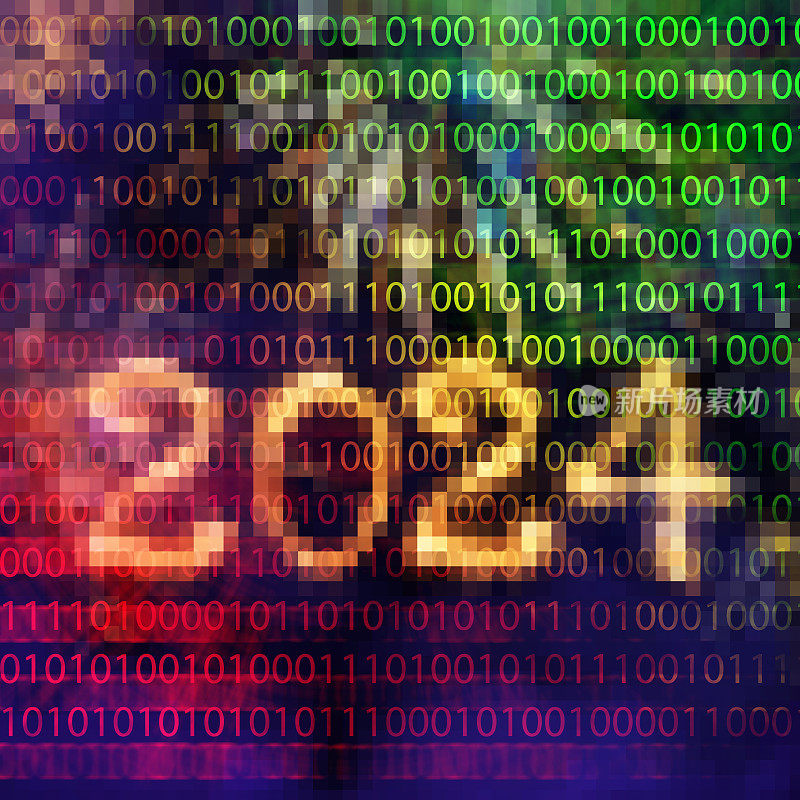 新年2024(像素化)和二进制代码背景