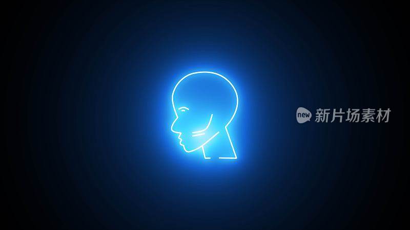 人类霓虹灯头图标。人体解剖学和科学概念。人头符号。明亮的天蓝色霓虹灯线人头与图标在黑色背景。