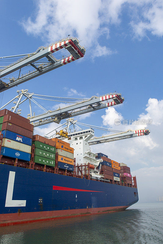 鹿特丹Maasvlakte的集装箱船和大型龙门起重机