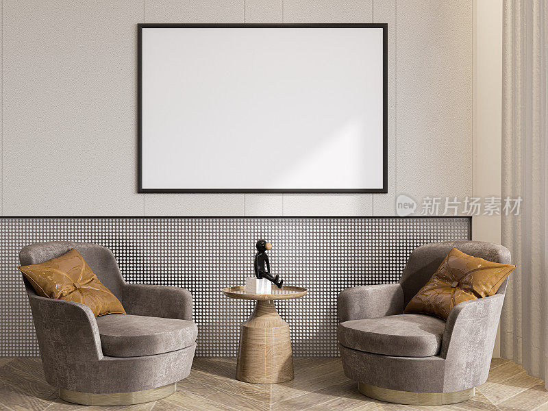 模拟海报框架在现代室内背景，客厅。3D渲染，3D插图