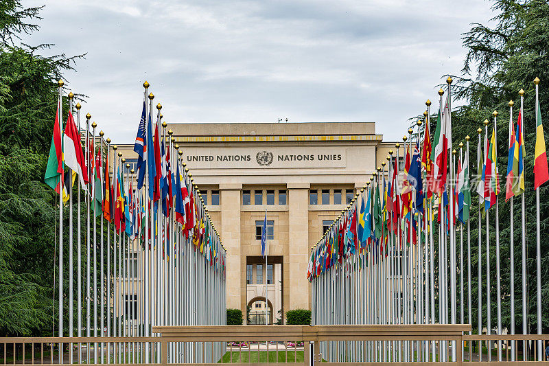 瑞士日内瓦联合国办事处入口处的国旗
