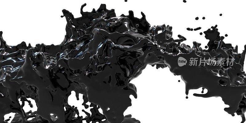 喷水池，油墨弥漫在空气中原油抽象背景飞溅油3D插图