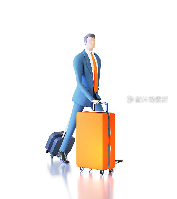 成功的商人带着行李箱，行李走在机场，3D渲染插图