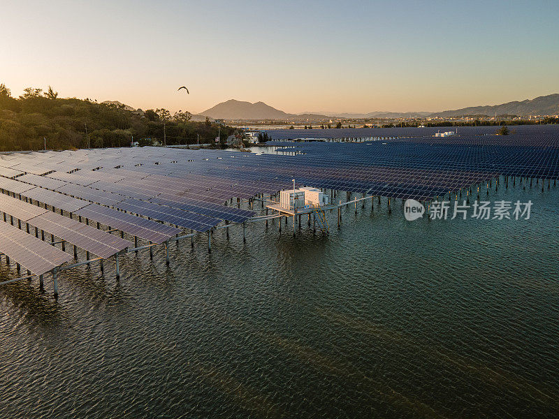 海边的光伏太阳能发电厂鸟瞰图