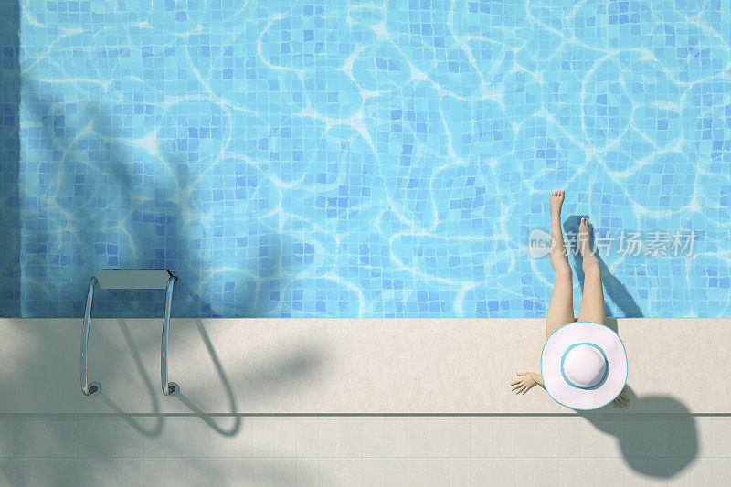 鸟瞰图，女子坐在泳池上，暑假背景