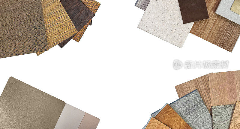 材料样品的样品和调色板包含木制工程和乙烯基地板砖，皮革层压，贴面，石英石，金色不锈钢在背景上与剪切路径隔离。