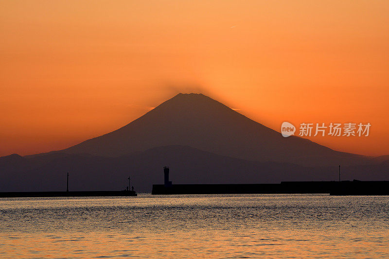 富士山的日落:从神奈川县三浦半岛观看