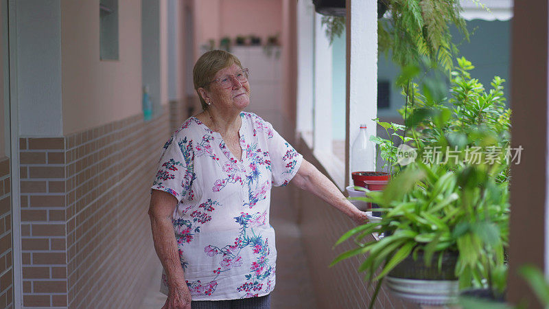 体贴的老妇人站在自家后院回忆过去的回忆。80多岁的人在沉思