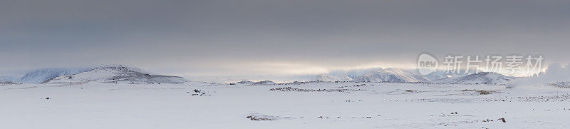 Myvatn冰岛冬季火山风景全景