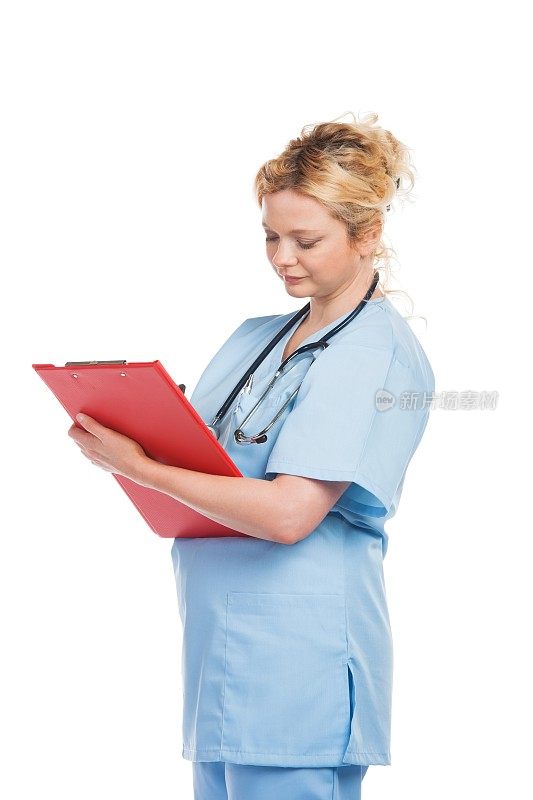 中年医疗保健工作者的肖像在Scrubs文件