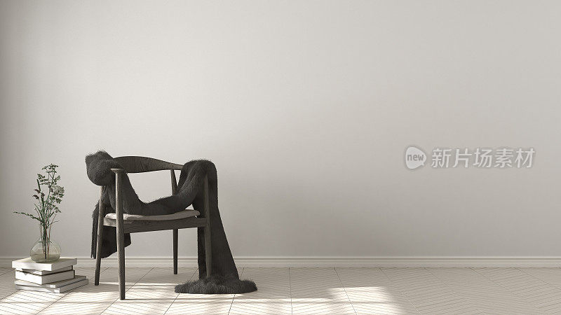 斯堪的纳维亚白色背景，皮草木制扶手椅人字形天然拼花地板，室内设计