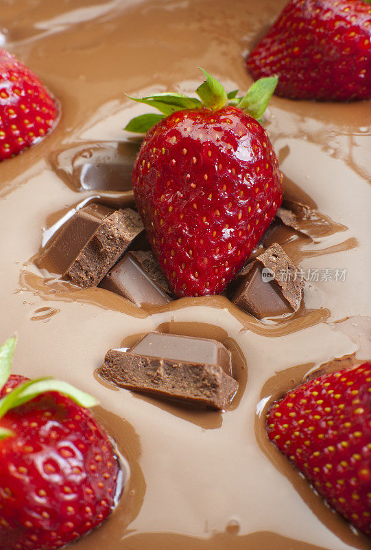 草莓和巧克力块漂浮融化