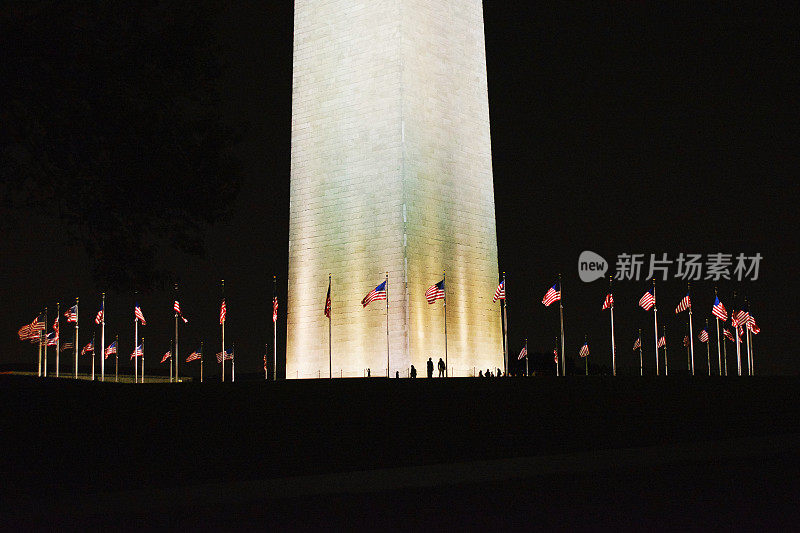 华盛顿纪念碑与美国国旗的夜晚