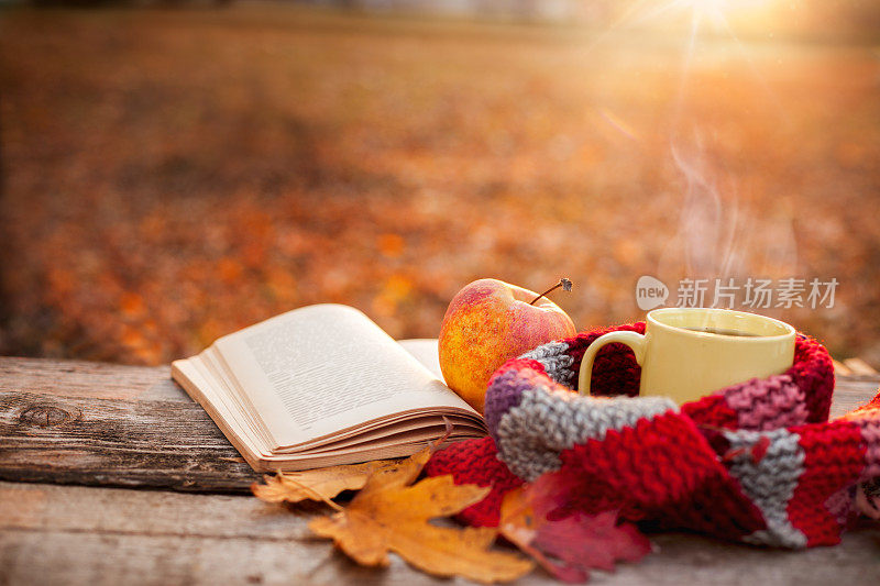 茶杯，暖和的围巾，打开书和苹果
