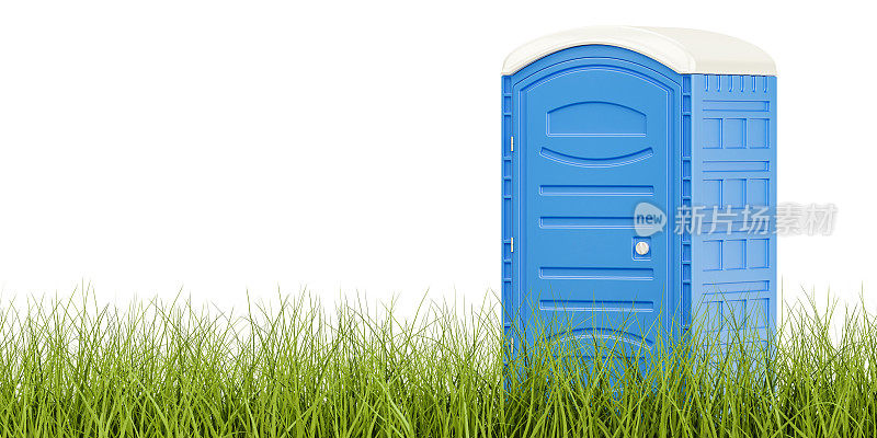 绿色草地上的便携式蓝色厕所，生态厕所概念。3D渲染孤立的白色背景