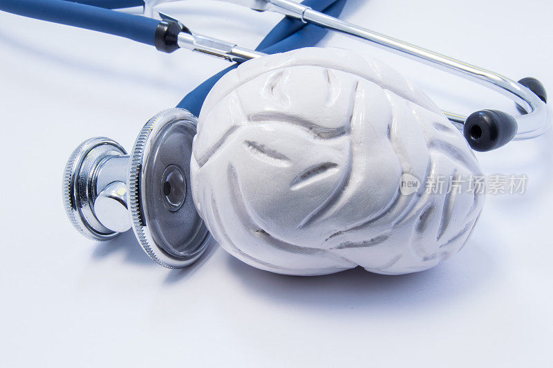 对听诊器胸围大的听诊器进行大脑解剖三维模型的研究或测试。概念照片诊断健康和治疗脑疾病，如癌症，中风