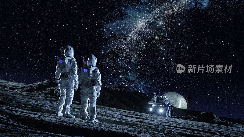 两名宇航员穿着太空服站在地球上看银河系。在背景月球基地与测量圆顶。月球殖民和太空旅行概念。