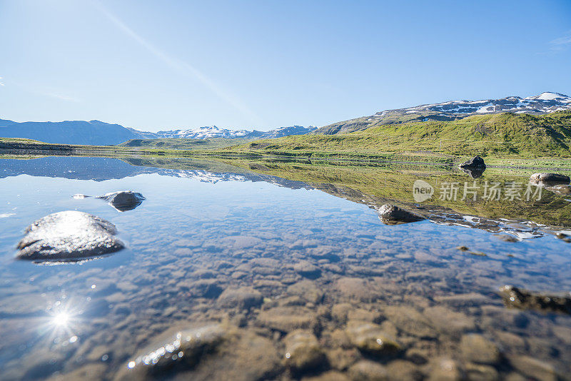 美丽的湖和倒影在水面上的雪山在冰岛