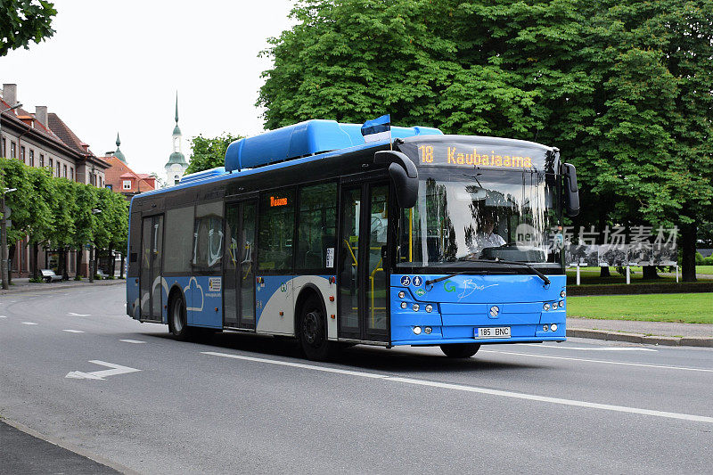 现代化的CNG公交车在Pärnu的街道上