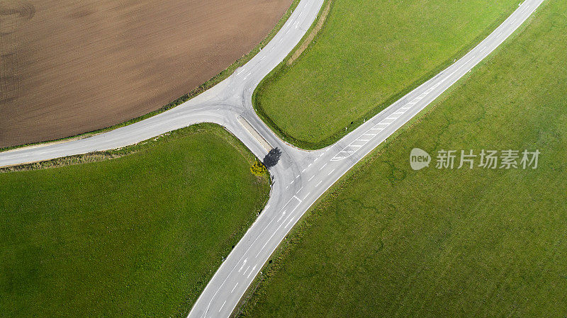 道路交汇处，十字路口-农业区，鸟瞰图