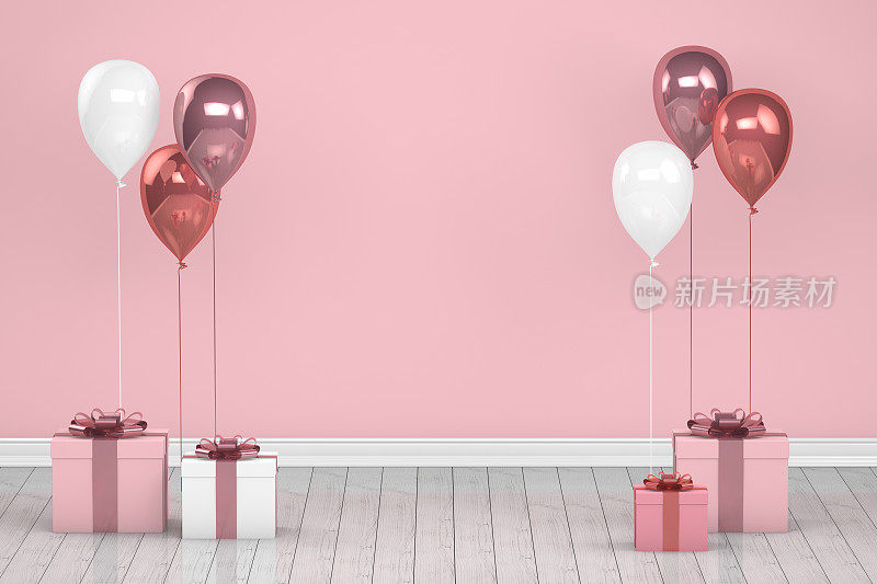 空房间里闪亮的粉色和白色气球。圣诞节，情人节，生日概念。