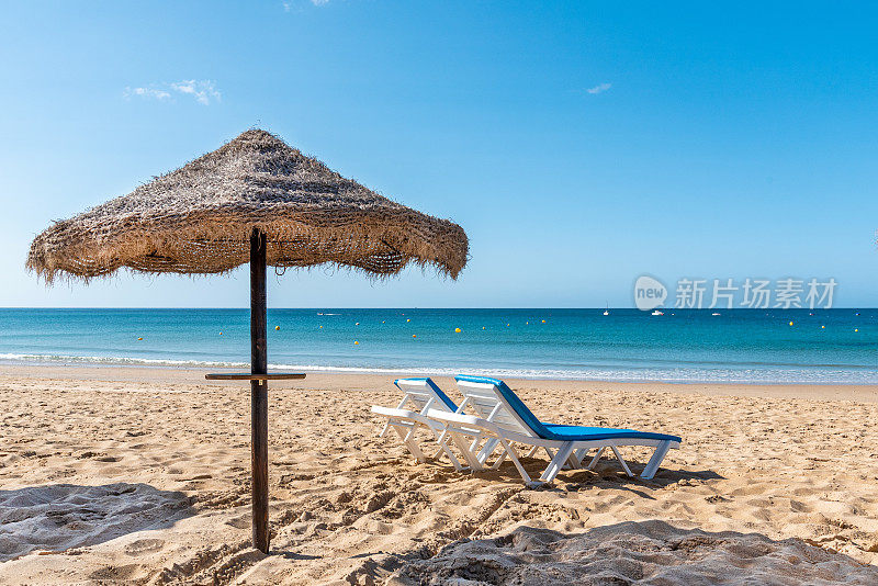 沙滩上的阳伞和日光浴躺椅