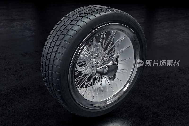 3D渲染汽车车轮与轮胎和合金轮辋辐条-孤立的黑色背景