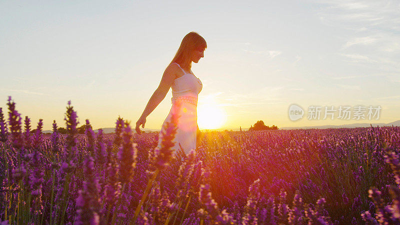 穿着白色连衣裙的快乐女人走过美丽的薰衣草田