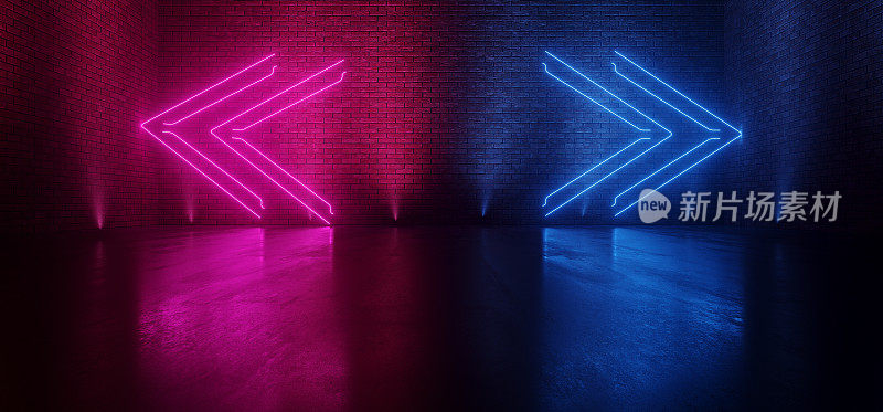 霓虹发光的紫色蓝色仓库地下车库隧道走廊箭头形灯指针工作室俱乐部舞蹈混凝土砖墙空3D渲染
