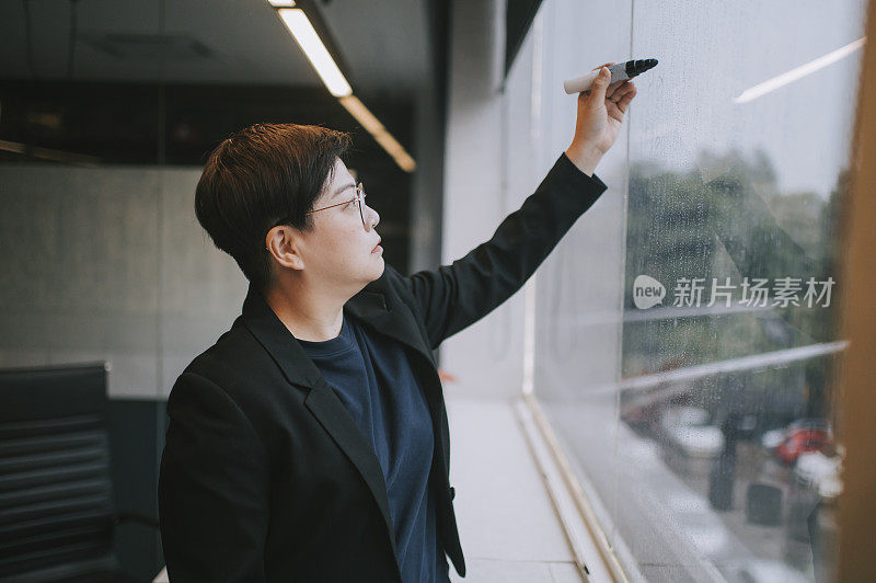 一位亚裔华人中年妇女用马克笔在玻璃上写她的商业计划和提案
