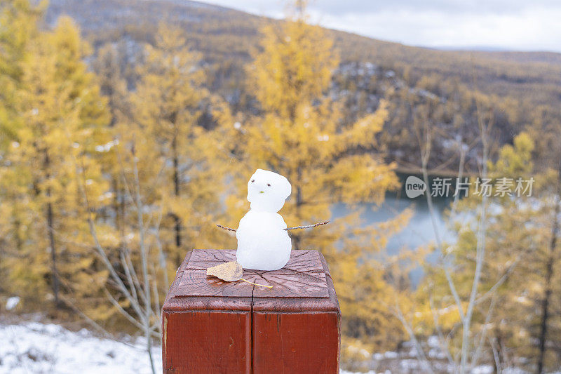 有雾有雪的秋天，湖边山上森林里的栏杆上有一个小雪人