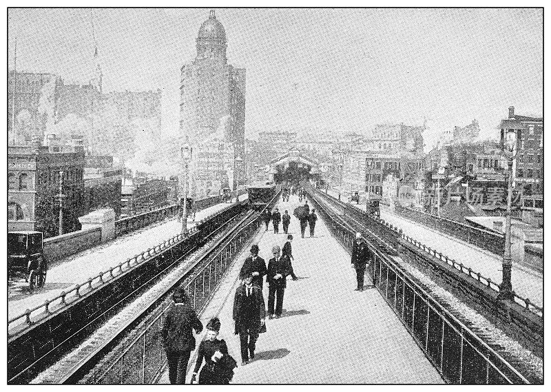 纽约的古董黑白照片:布鲁克林大桥长廊