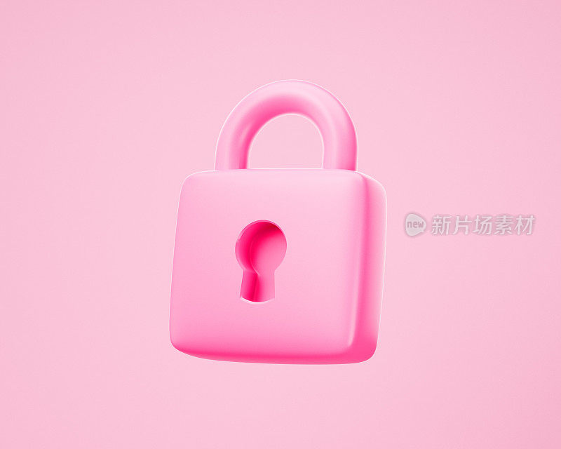 3D粉色锁定挂锁图标。3d渲染图
