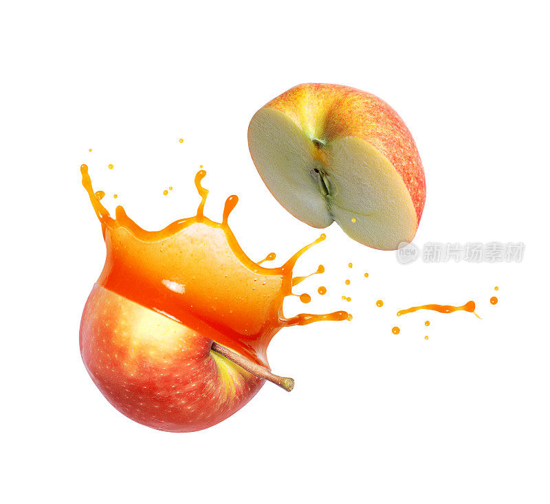 苹果汁从切开的苹果中溅出，在白色的背景上