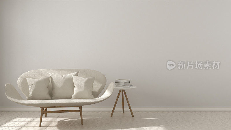 斯堪的纳维亚极简主义背景，白色沙发上人字形天然拼花地板，室内设计